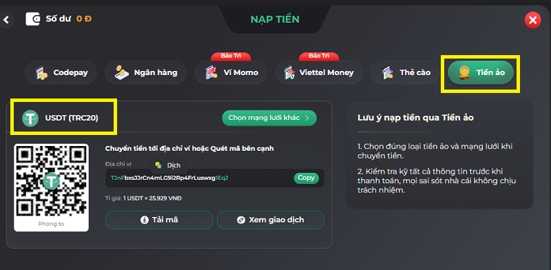 Cách nạp tiền vào tài khoản qua USDT