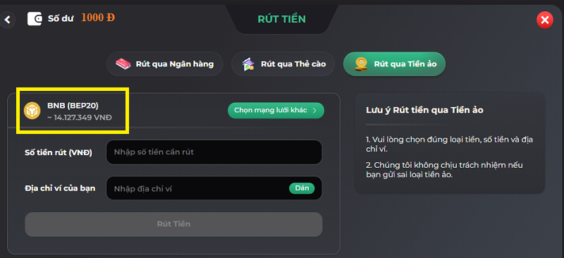 Hướng dẫn rút tiền qua BNB tại UK88