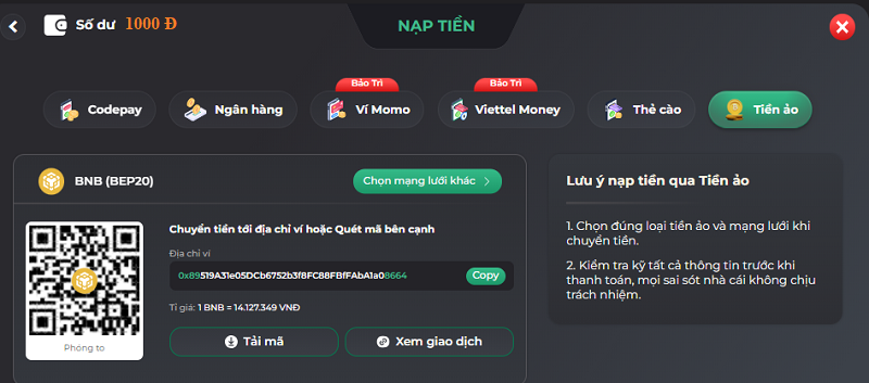 Chi tiết cách nạp tiền qua BNB tại UK88