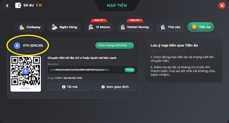 Các bước nạp tiền nhanh gọn qua ETH tại nhà cái UK88