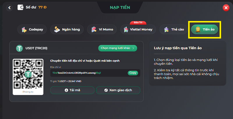 Nạp tiền qua Crypto uk88