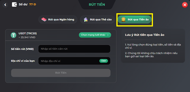 Rút tiền qua crypto uk88